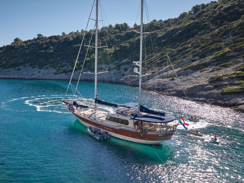 Gulet Lotus anchoerd in a bay for a swim stop